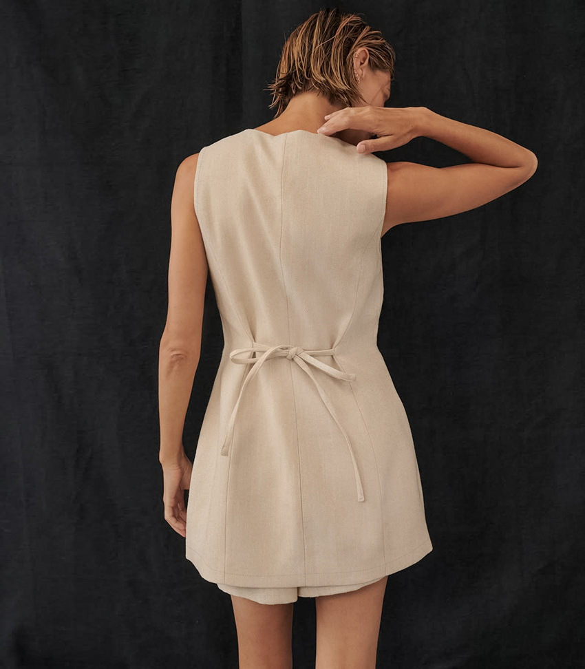 French Style Apricot Long Round Neck Vest set