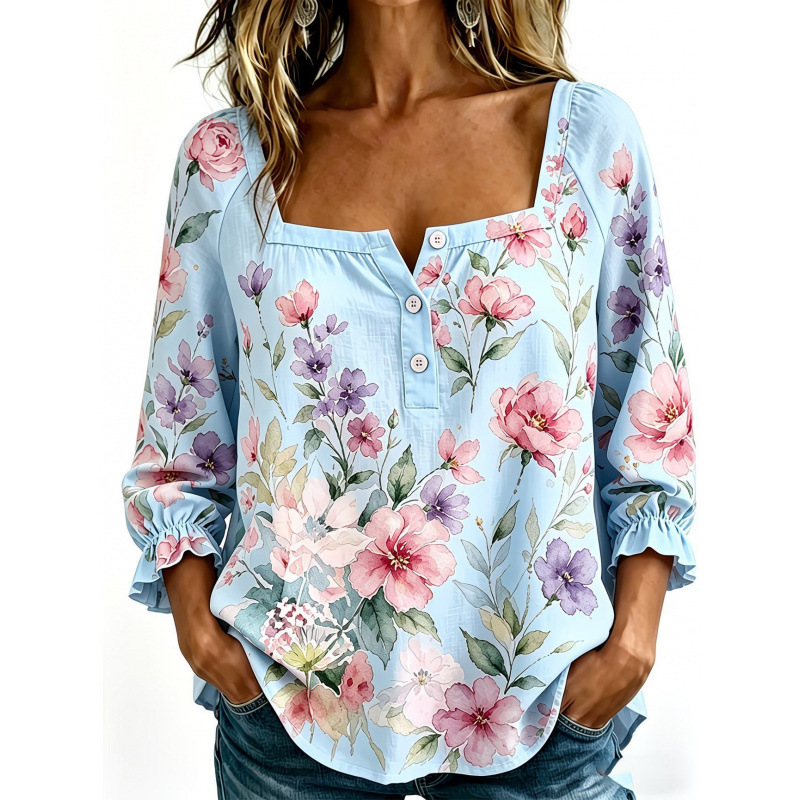 Elegant Square Neck Floral Print Casual Top