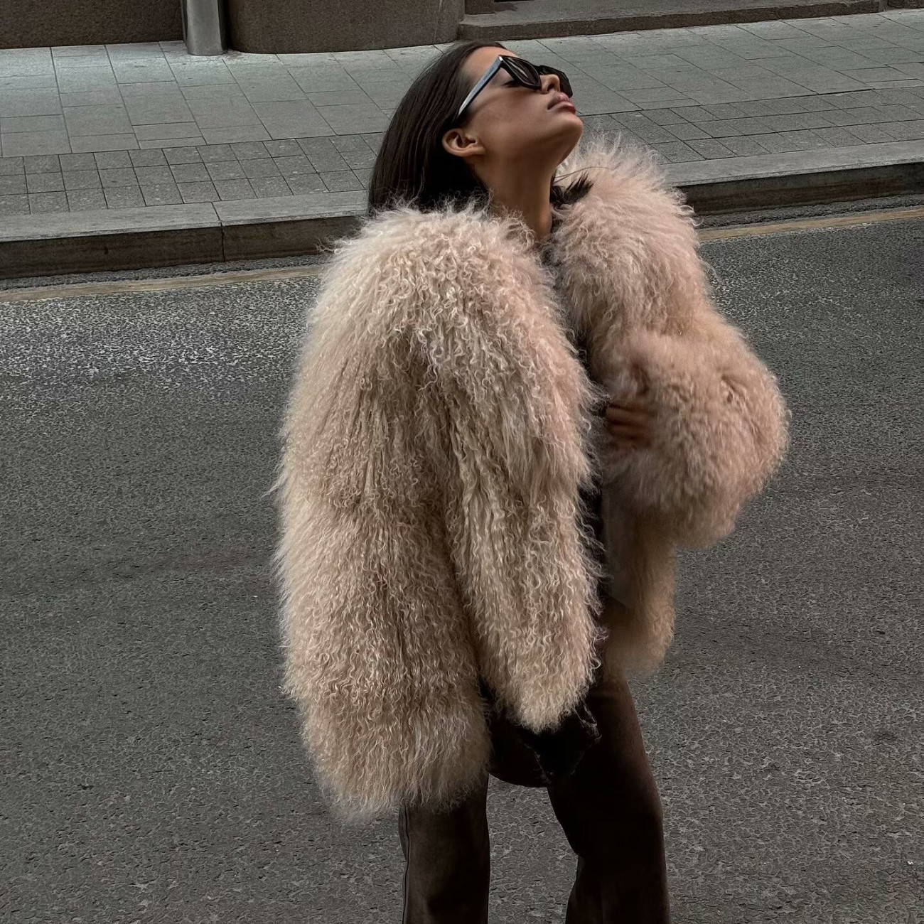 Women's Short Fur-Like Leather Coat With A Stand-up Collar