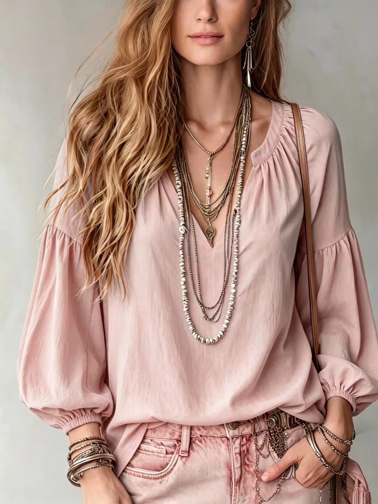 Bohemian V Neck Loose Long Sleeve Blouse