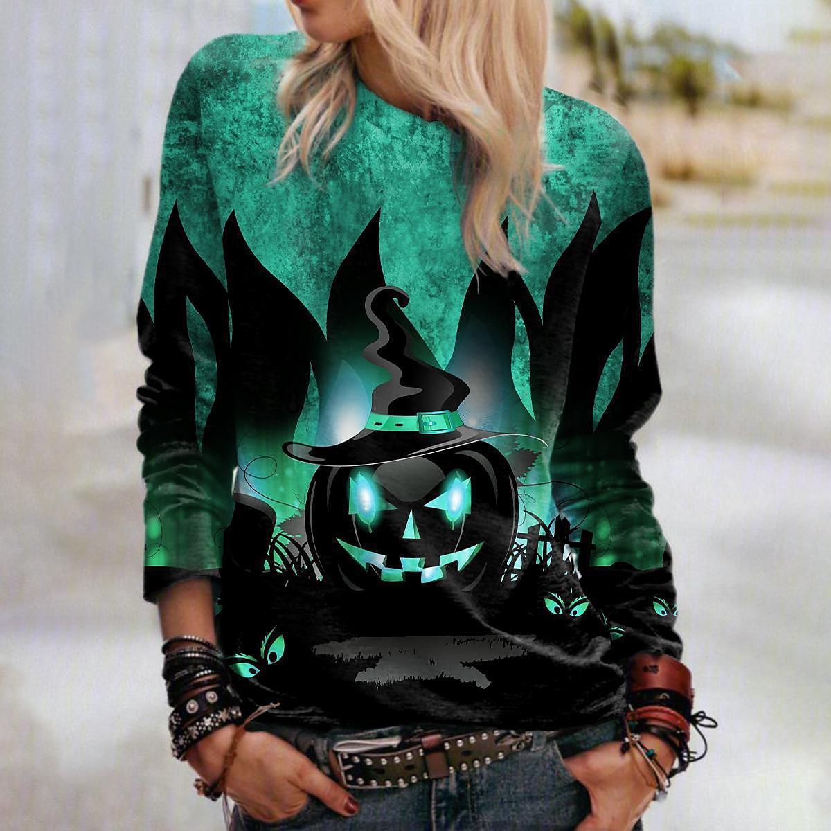 Halloween Women's Pumpkin Vintage Print Crew Neck Long Sleeve Sweatshirt  