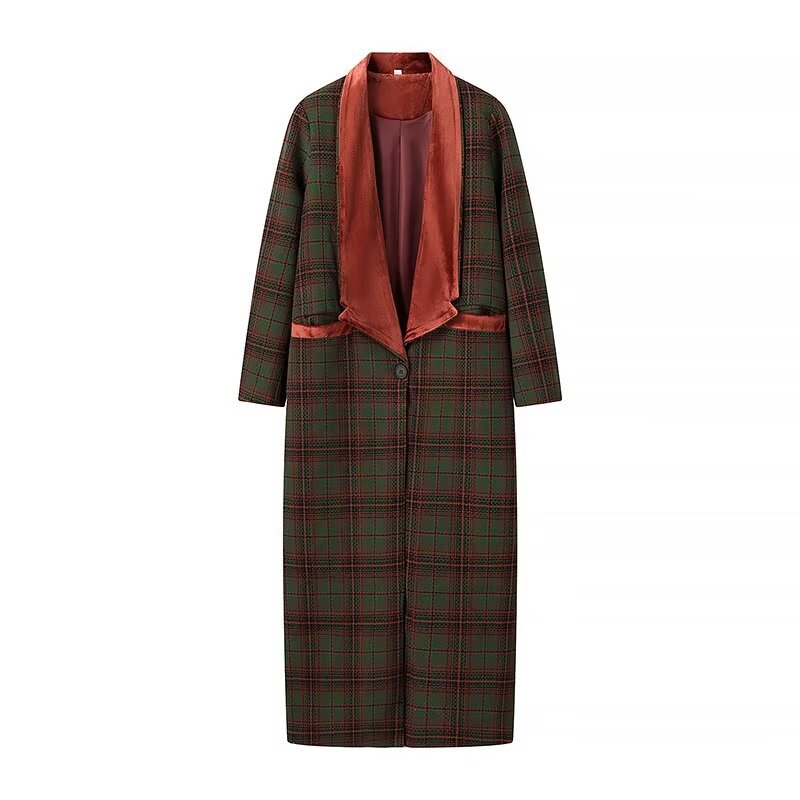 Vintage Plaid Long Coat with Contrast Lapel - Retro-Chic Statement Piece