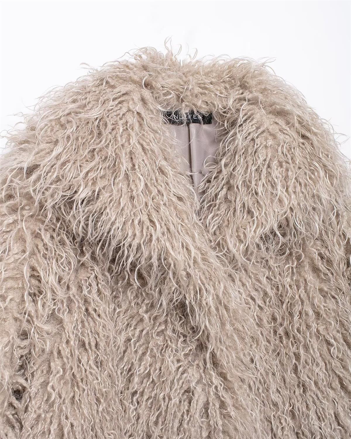 Women's Short Fur-Like Leather Coat With A Stand-up Collar