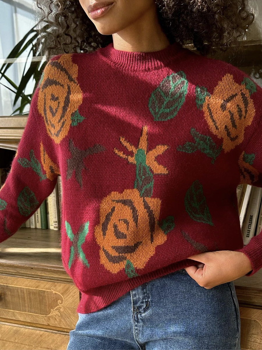 Round-neck Floral Print Knitted Loose And Soft Sweater