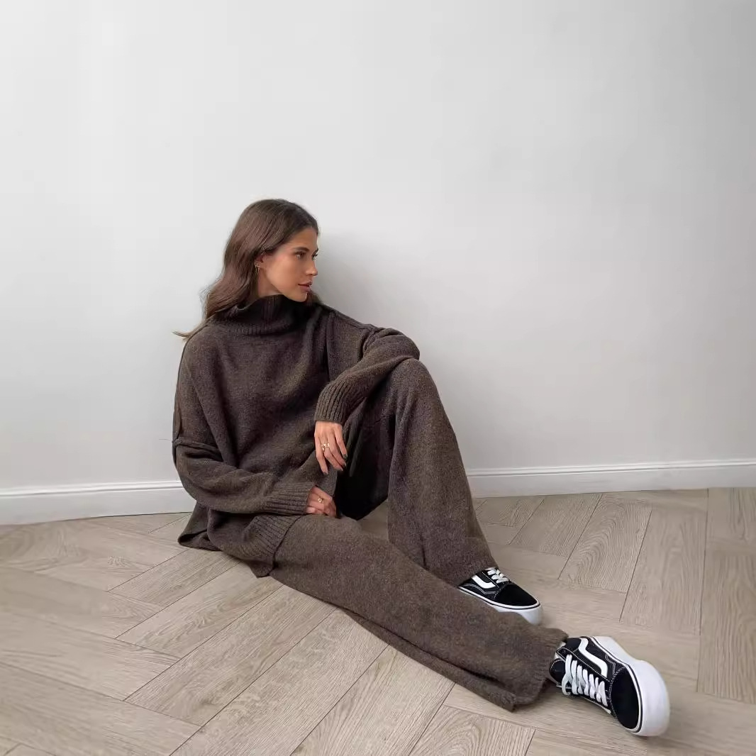 High Collar Split Wool Sweater Suit And Loose Casual Lazy Knitted Trousers Two-piece Suit