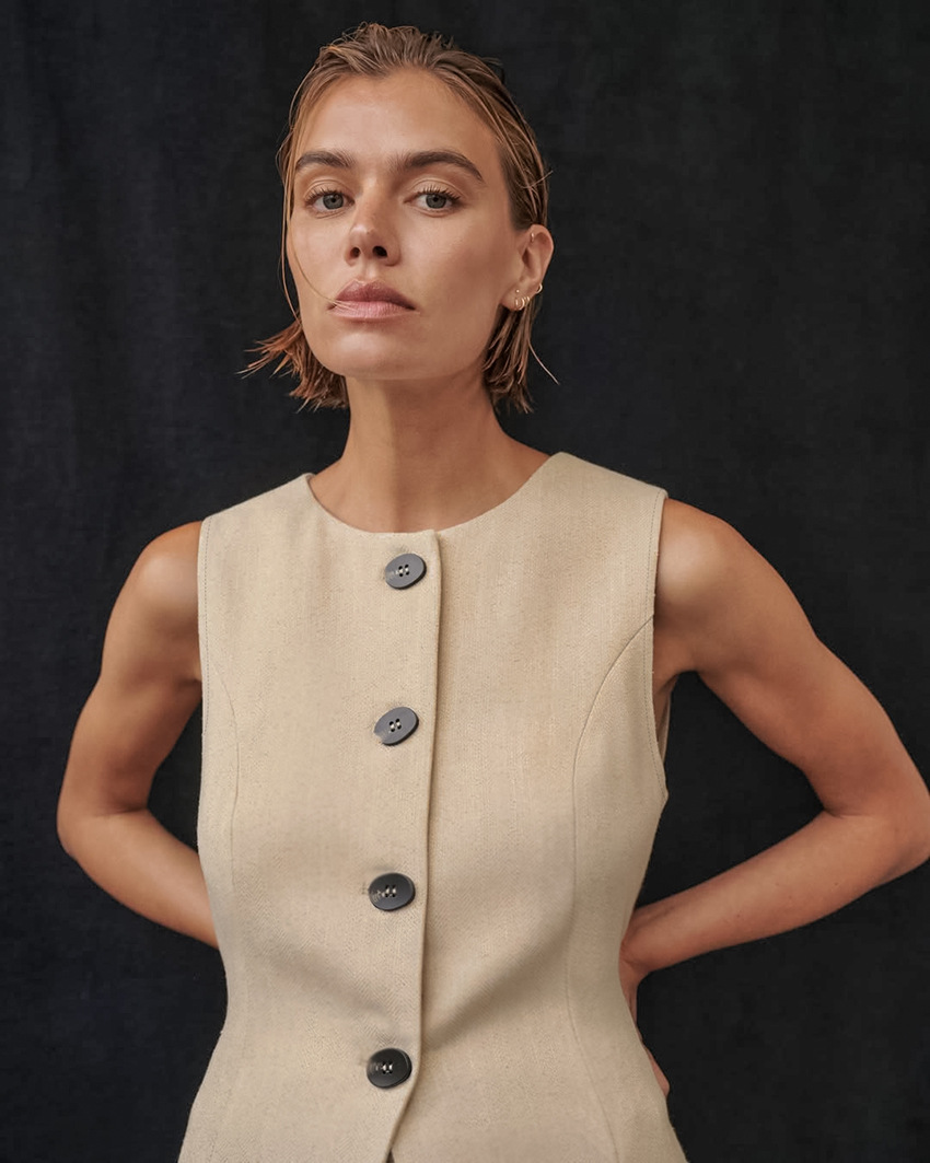 French Style Apricot Long Round Neck Vest set