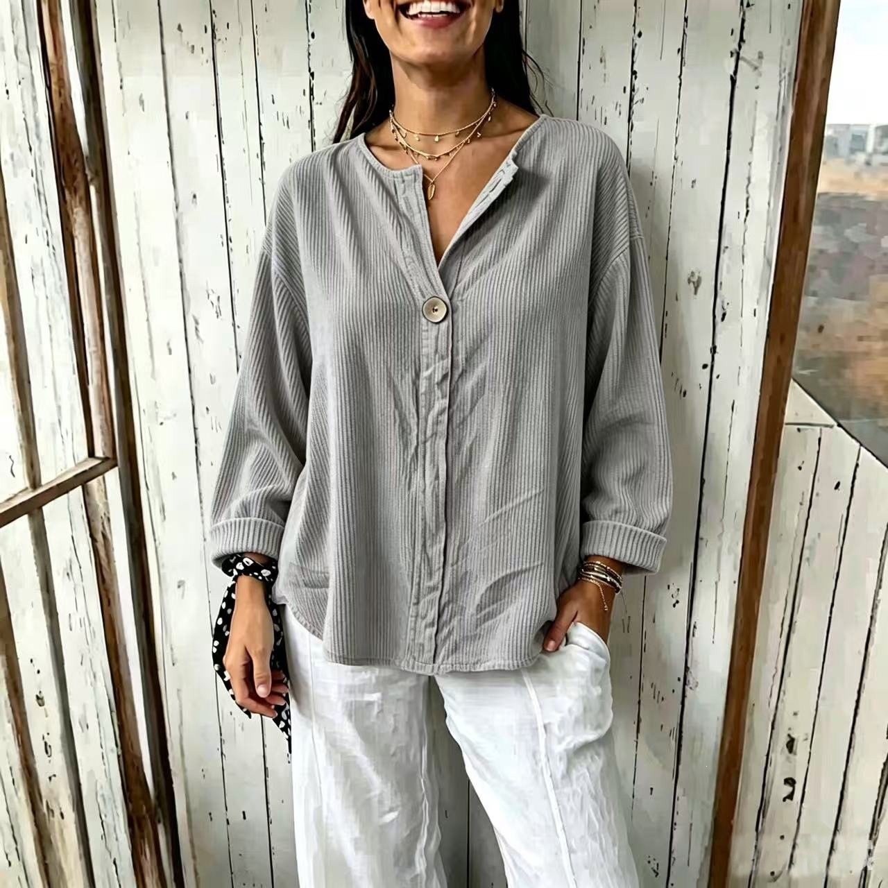 Elegant V Neck Long Sleeve Corduroy Top