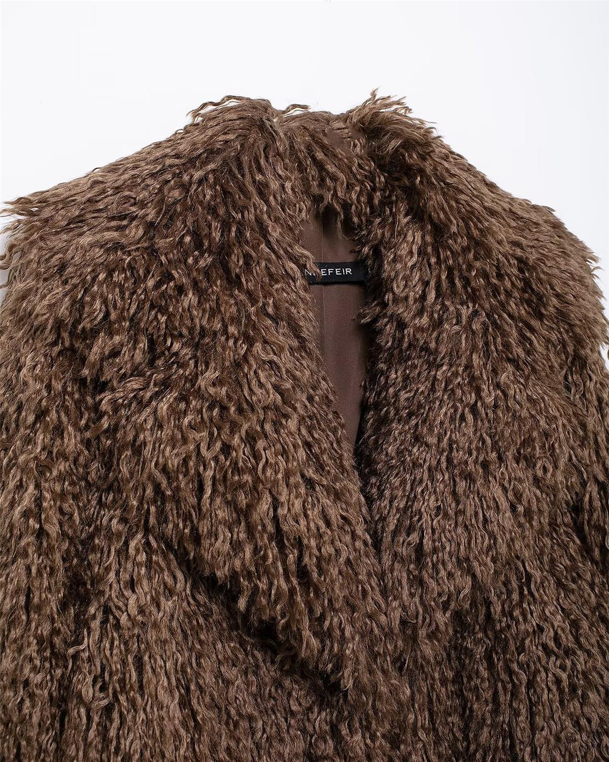 Women's Short Fur-Like Leather Coat With A Stand-up Collar