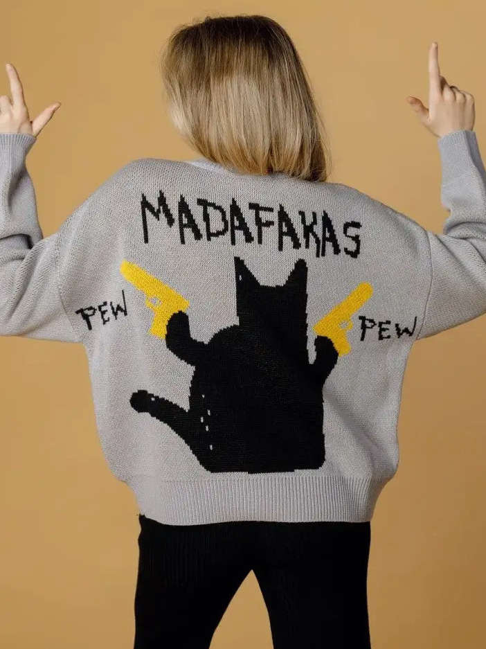 American-style Retro Loose-fitting Crewneck Spy Cat Knitted Sweater