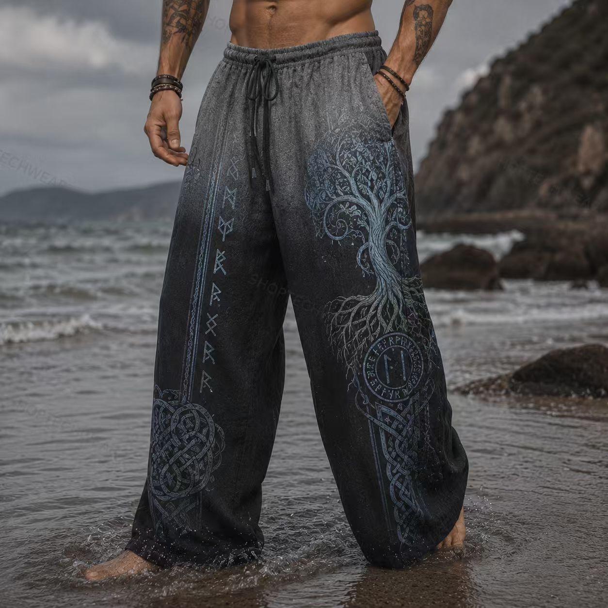 Tree of Life and Runes Relaxed Linen Wide Leg Pants