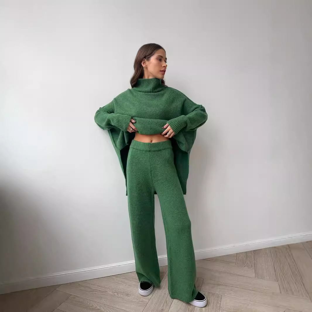 High Collar Split Wool Sweater Suit And Loose Casual Lazy Knitted Trousers Two-piece Suit