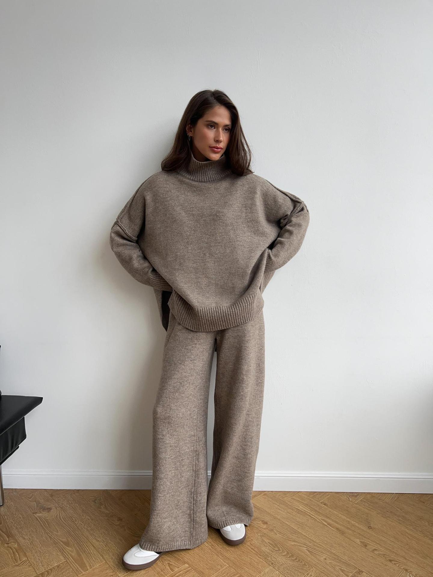 High Collar Split Wool Sweater Suit And Loose Casual Lazy Knitted Trousers Two-piece Suit