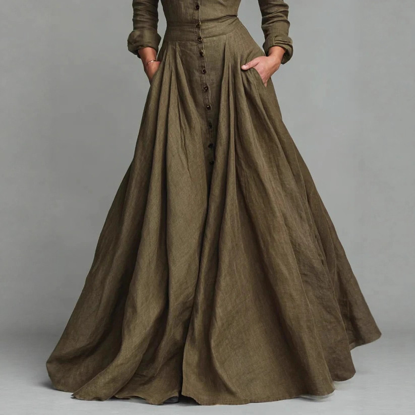 ✨ Solid Color Long-Sleeve Button Shirt Collar Flowy Flared Maxi Dress 👗 | Versatile Casual Everyday Wear