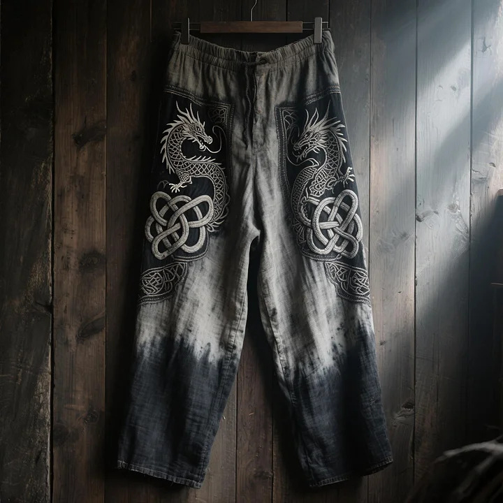 Dragon Knotwork Relaxed Linen Wide Leg Pants