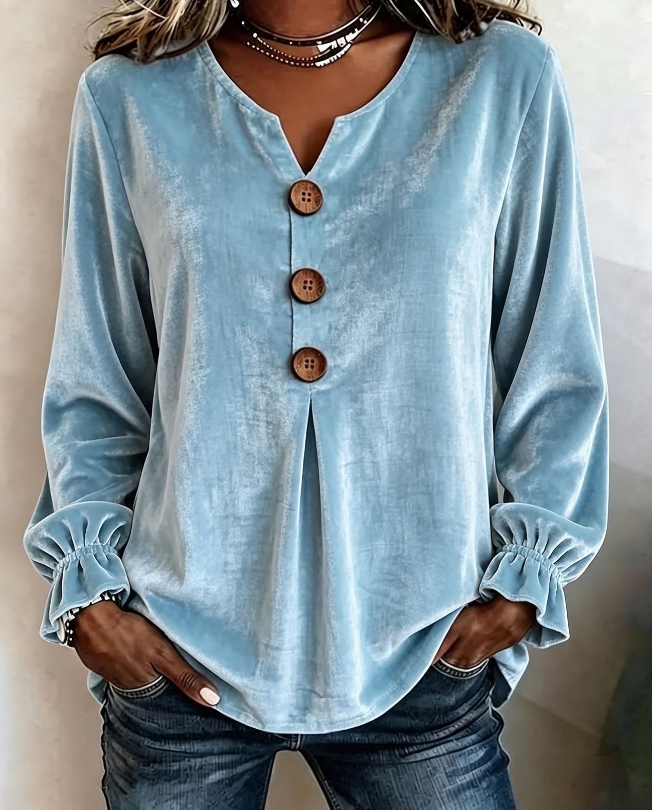 Elegant V Neck Velvet Long Sleeve Top