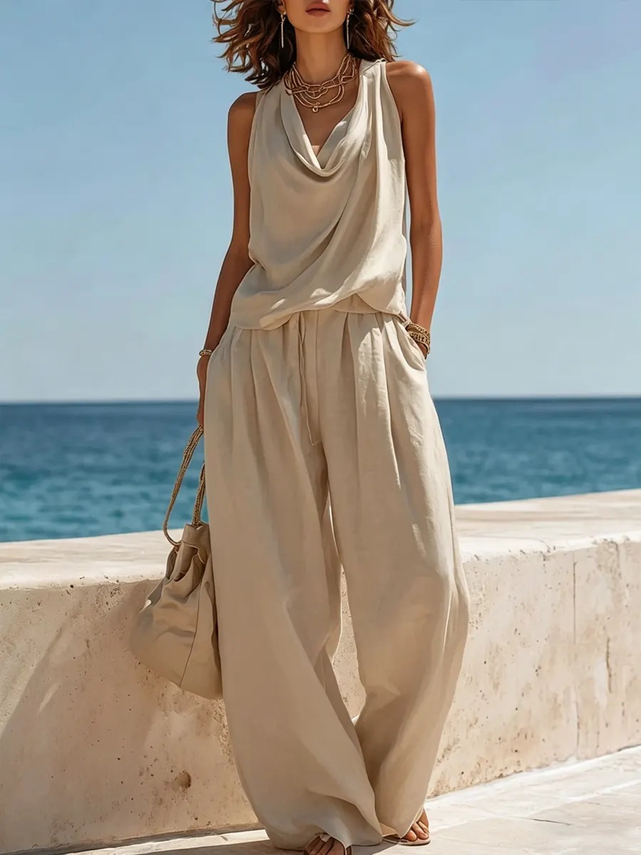 Elegant Minimalist V Neck Linen Set
