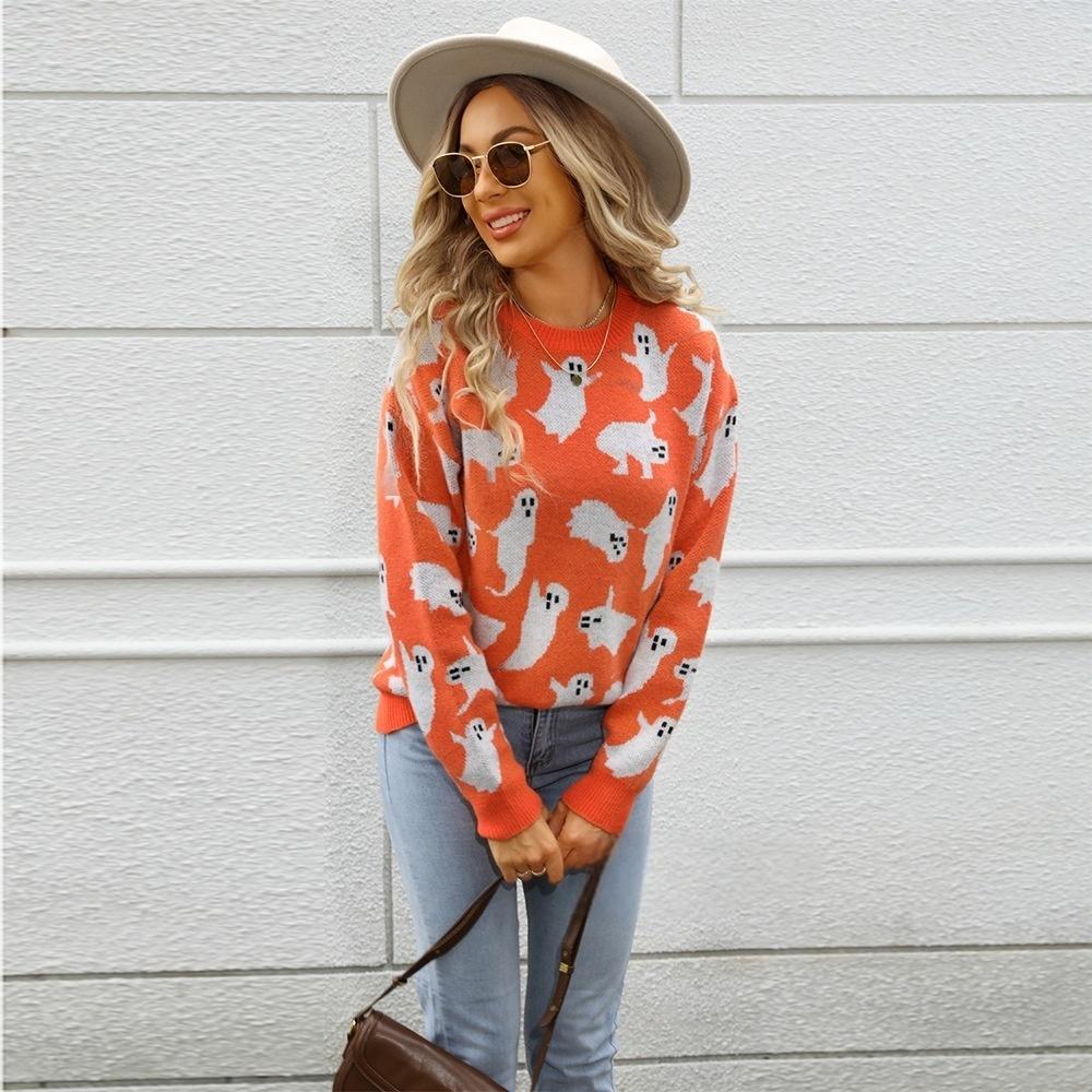 Halloween Women's Howling Ghost Round-neck Long-sleeved Knitted Sports Shirt