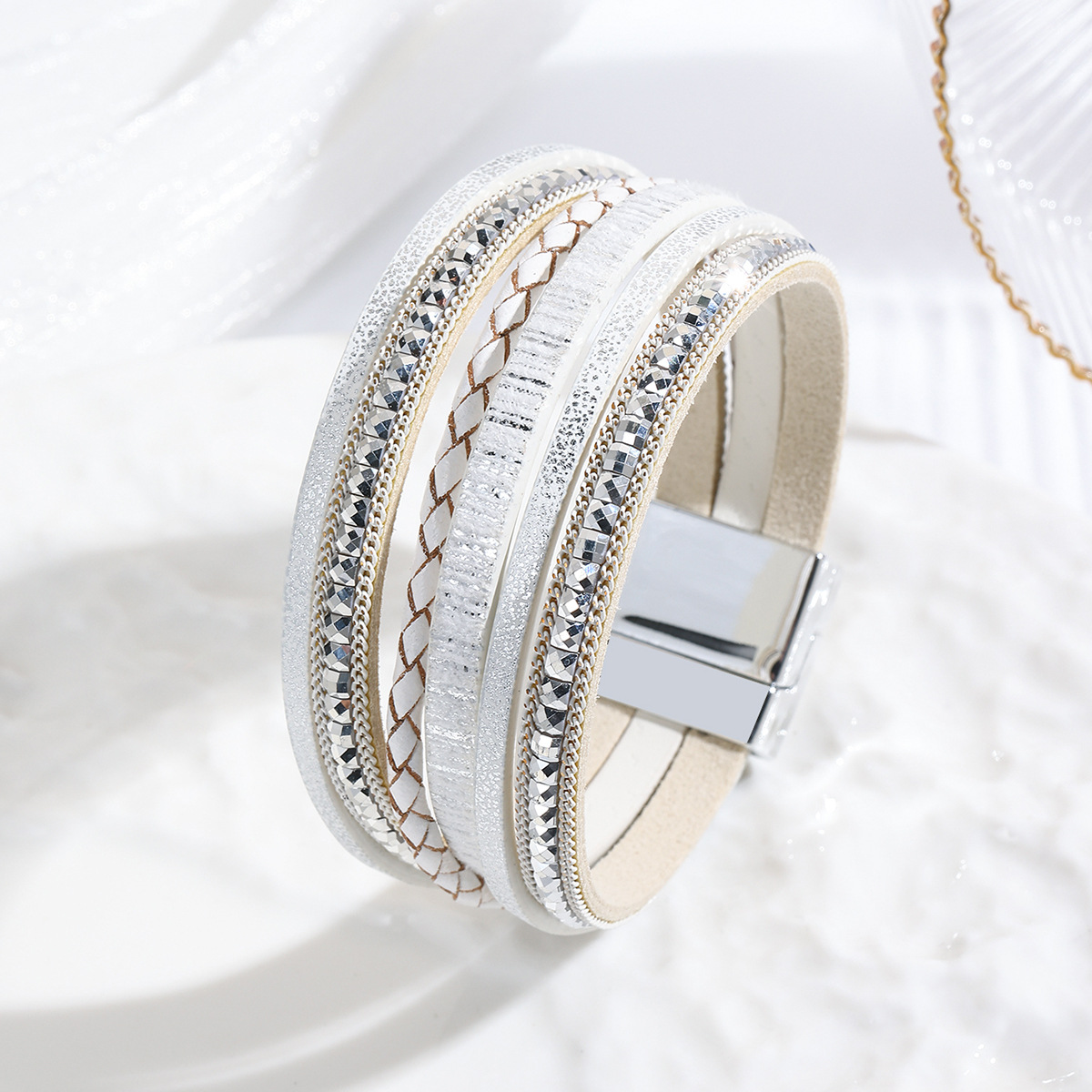 Bohemian Style Magnetic Snap Leather Layered Bracelet