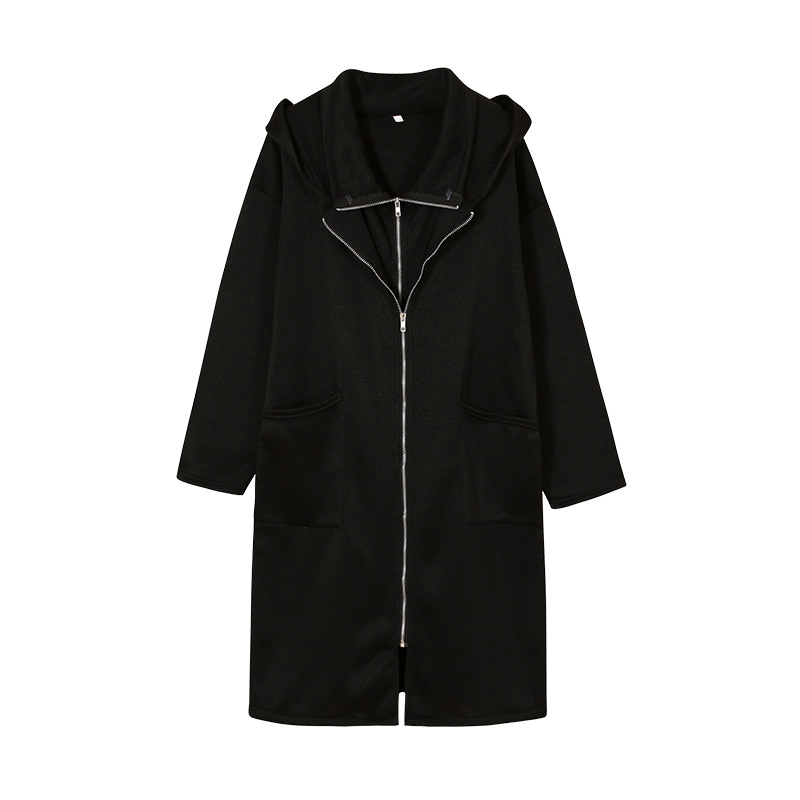 Long Hooded Pocket Zipper Loose Coat With False Two-piece Design