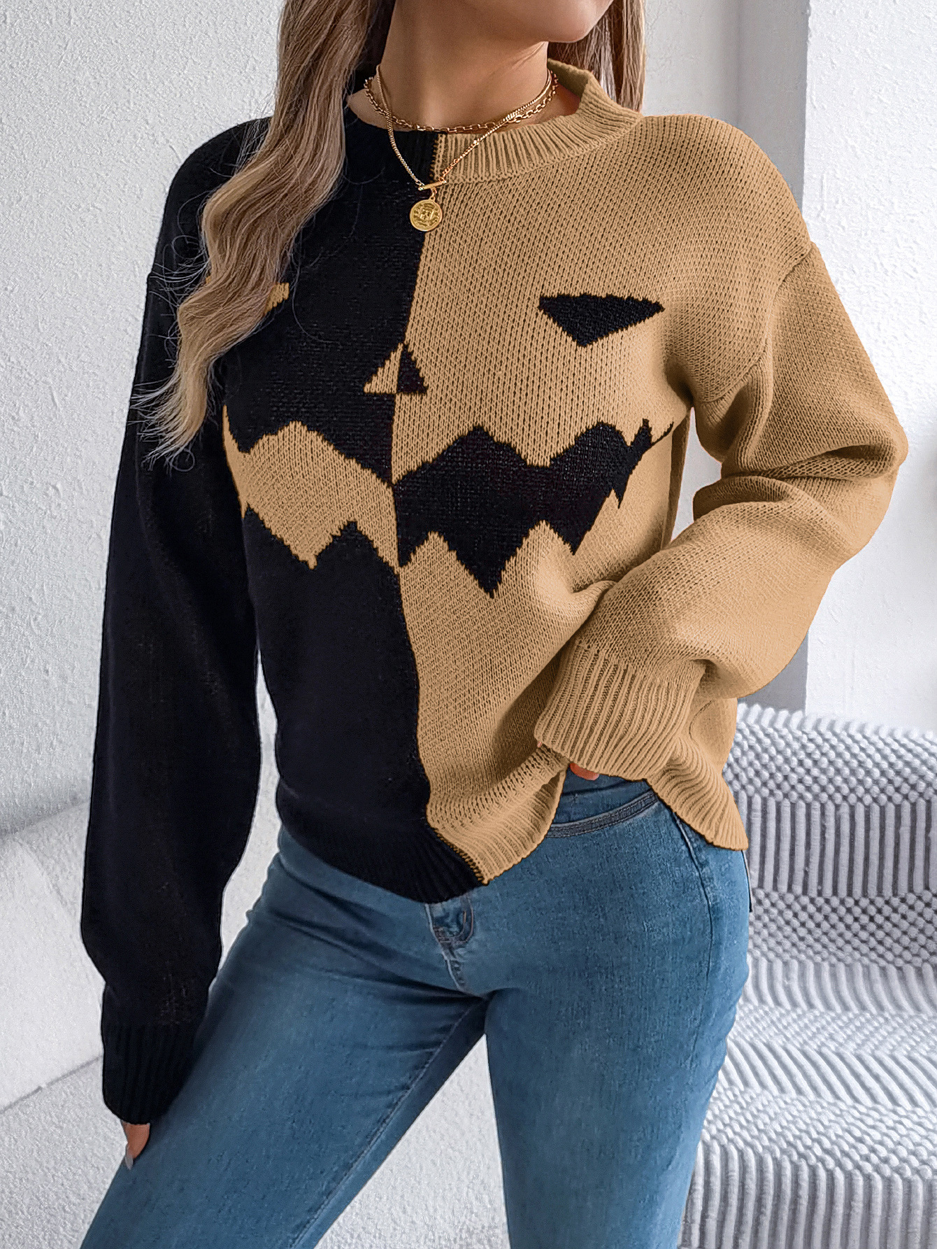Halloween Women's Ghostly Pumpkin Color Contrast Long Sleeve Pullover Sweater