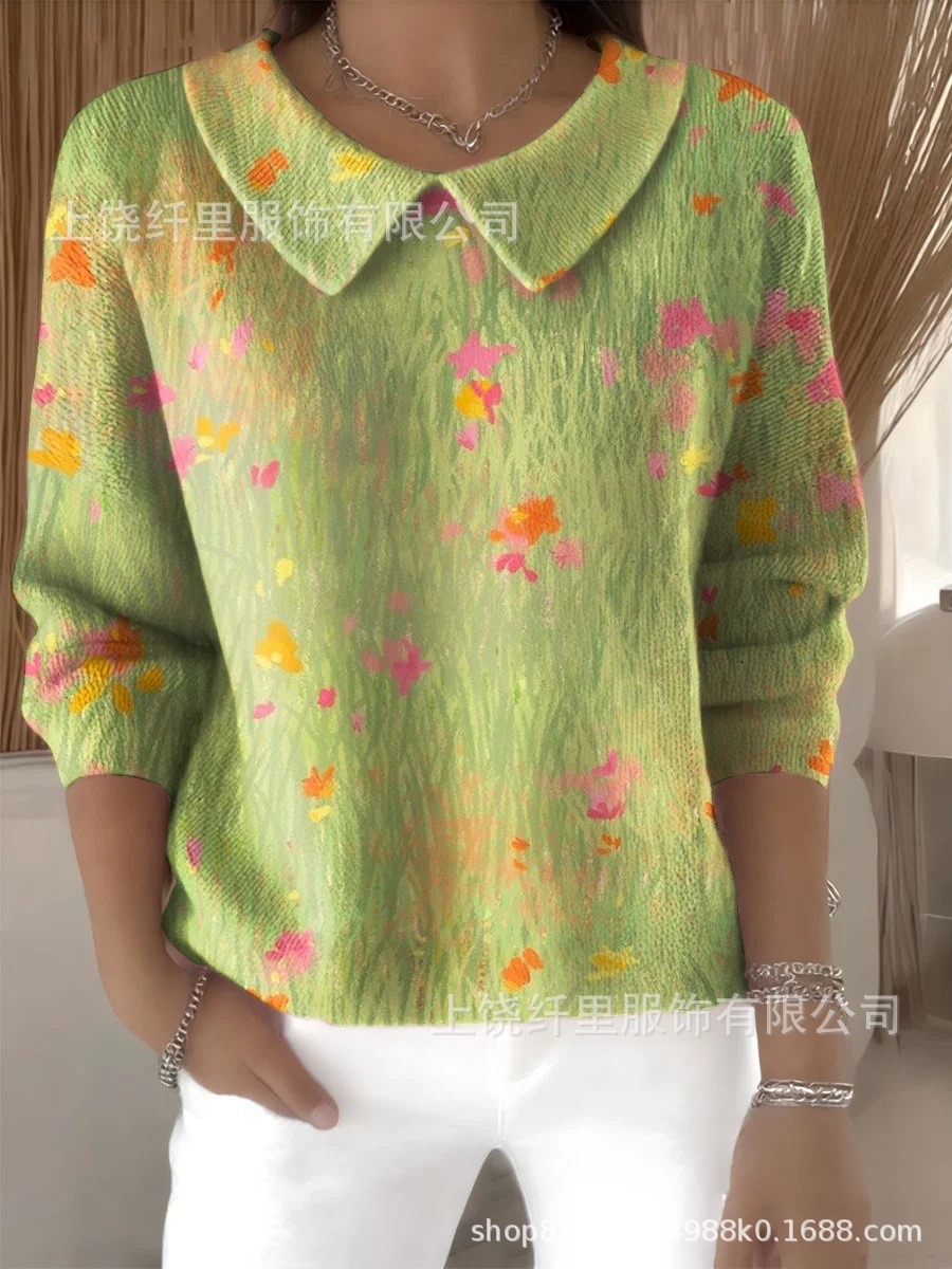 Retro Floral Print Relaxed Lapel V-Neck Women‘s Long Sleeved Sweater