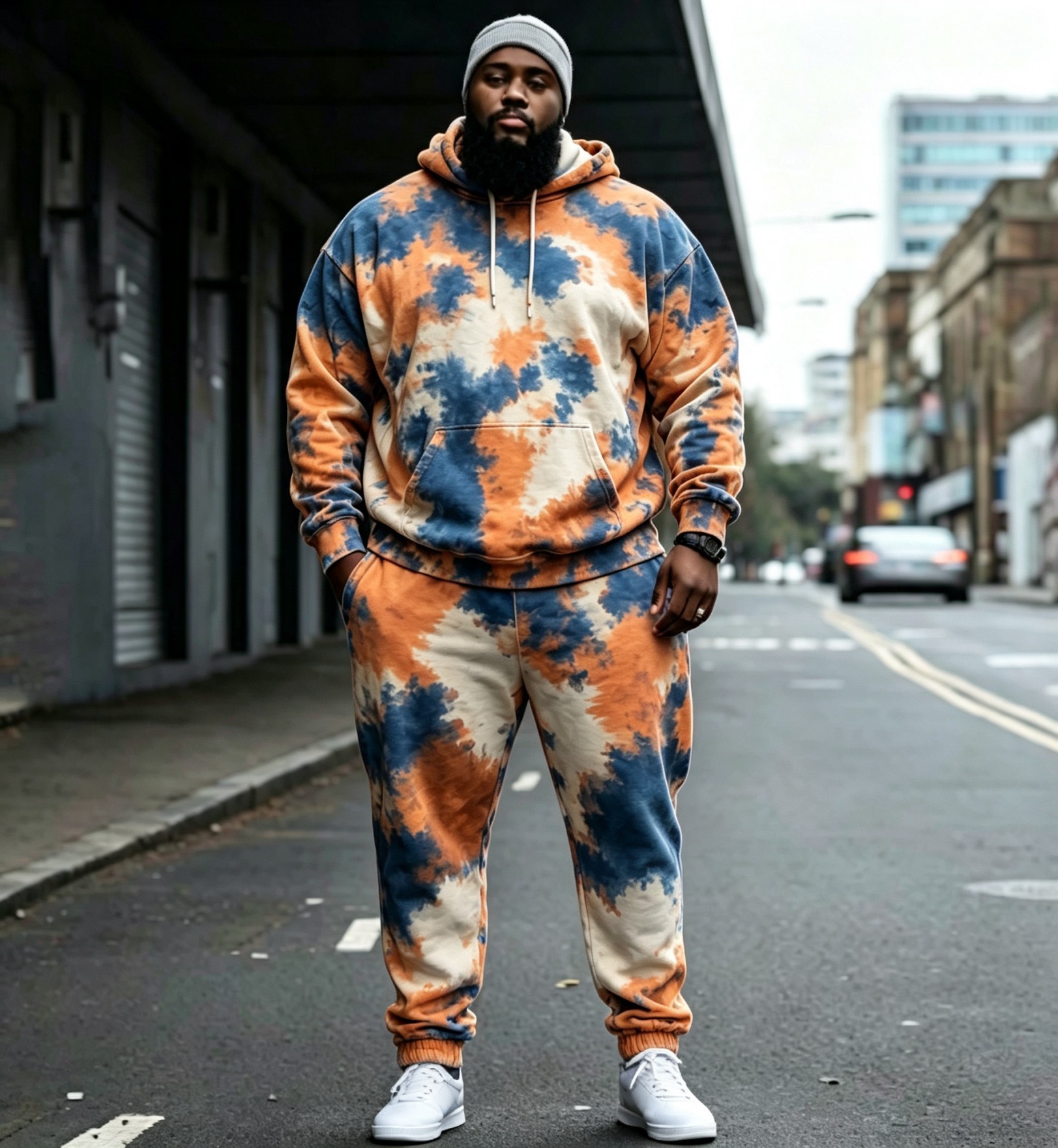 Vintage Dyed Print Casual Men's Hoodie Set