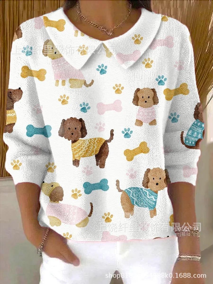 Fashionable Cute Dog Print Relaxed Lapel V-Neck Women‘s Long Sleeved Sweater