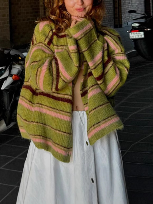 Striped Contrast Knitted Cardigan Sweater