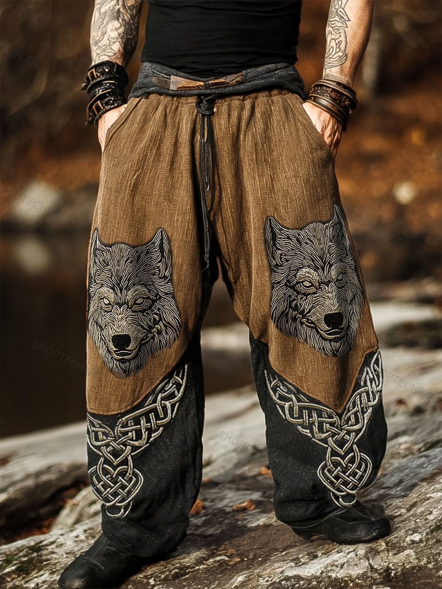 Wolf Head and Knotwork Relaxed Linen Wide Leg Pants