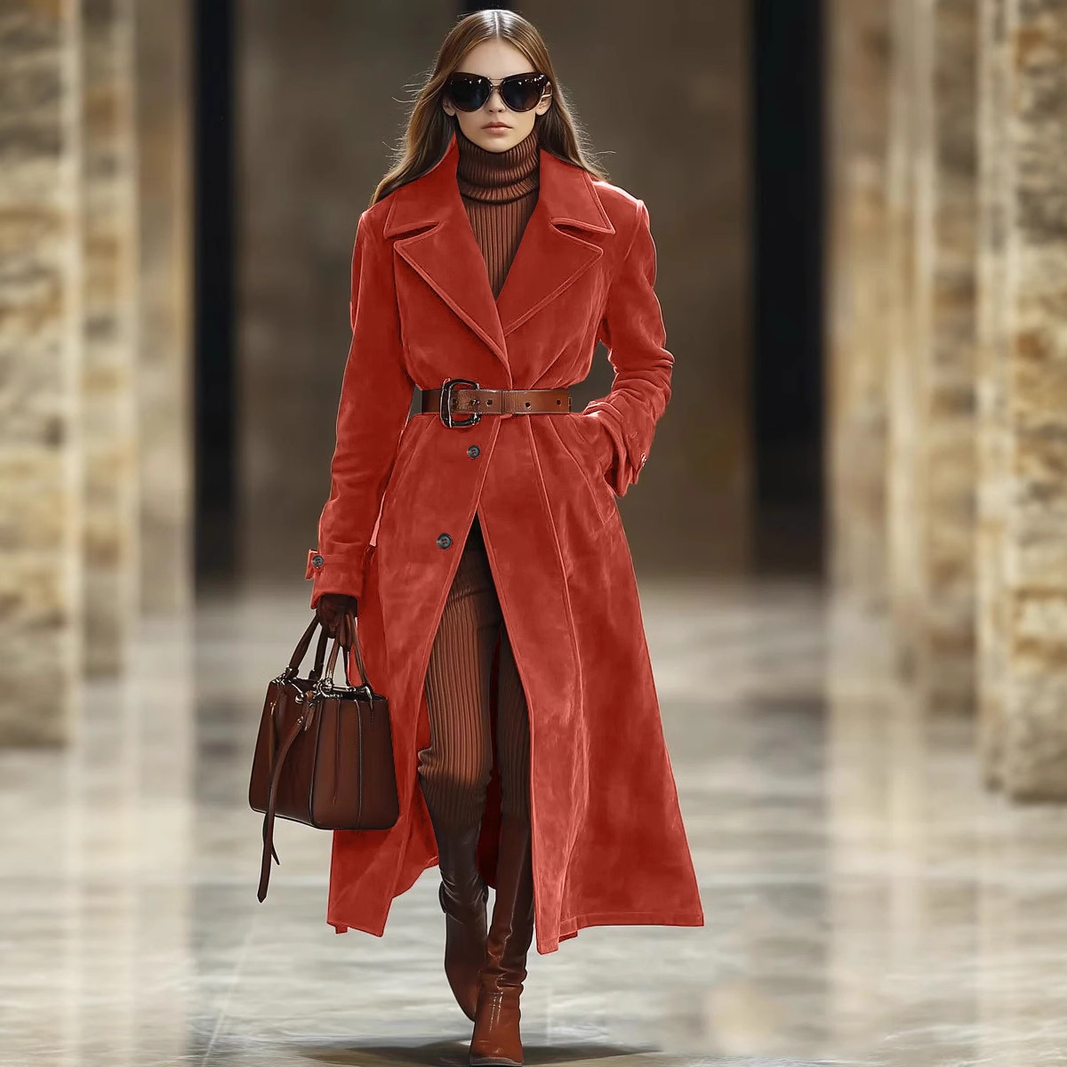 Stylish Red Suede Trench Coat - Belted, Long-Length, Luxury Fashion