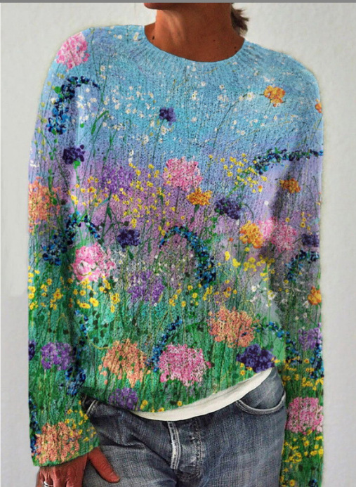 Retro Floral Print Women‘s Round-neck Long sleeved Sweater