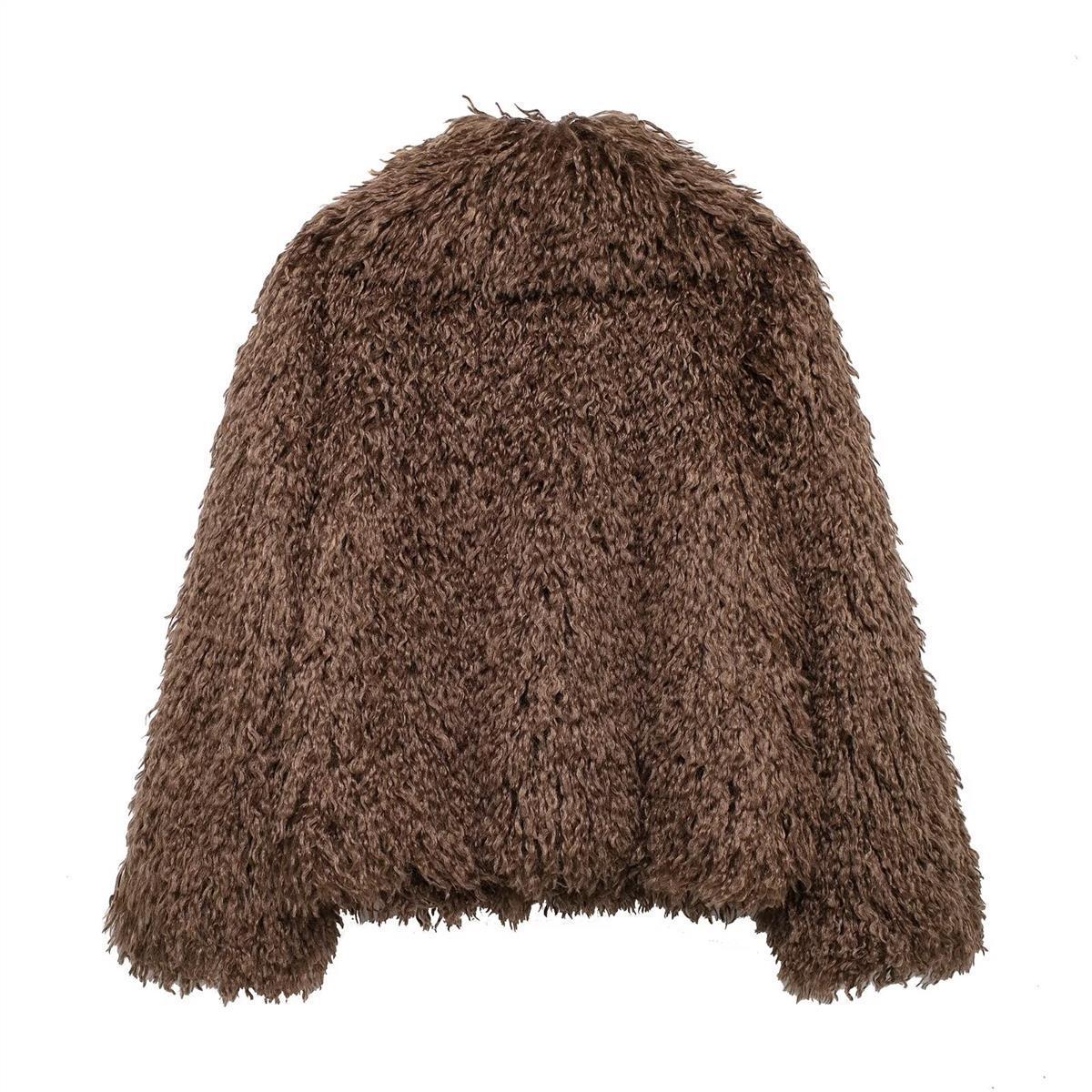 Women's Short Fur-Like Leather Coat With A Stand-up Collar