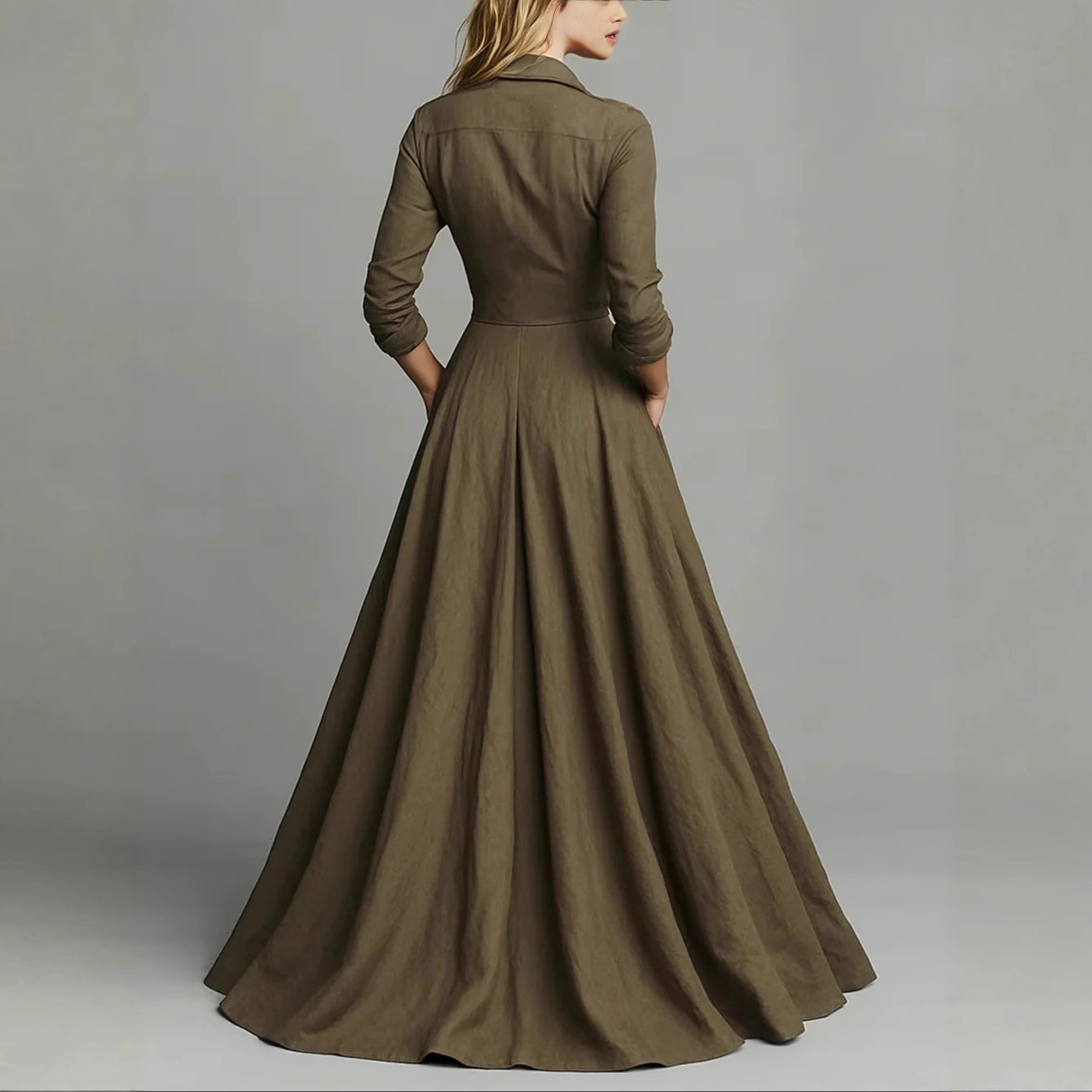 ✨ Solid Color Long-Sleeve Button Shirt Collar Flowy Flared Maxi Dress 👗 | Versatile Casual Everyday Wear