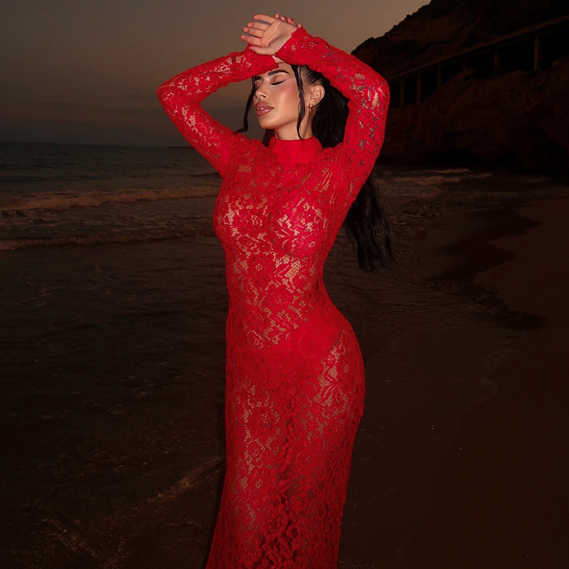 Lace Patchwork Semi-high Neck Slimming And Skin-penetrating Sexy Dress
