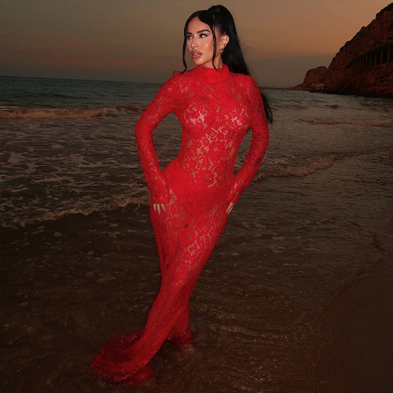 Lace Patchwork Semi-high Neck Slimming And Skin-penetrating Sexy Dress