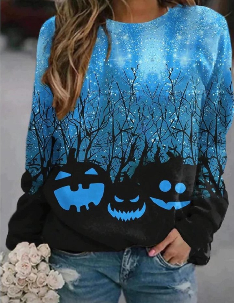 Halloween Women's Pumpkin Vintage Print Crew Neck Long Sleeve Sweatshirt  