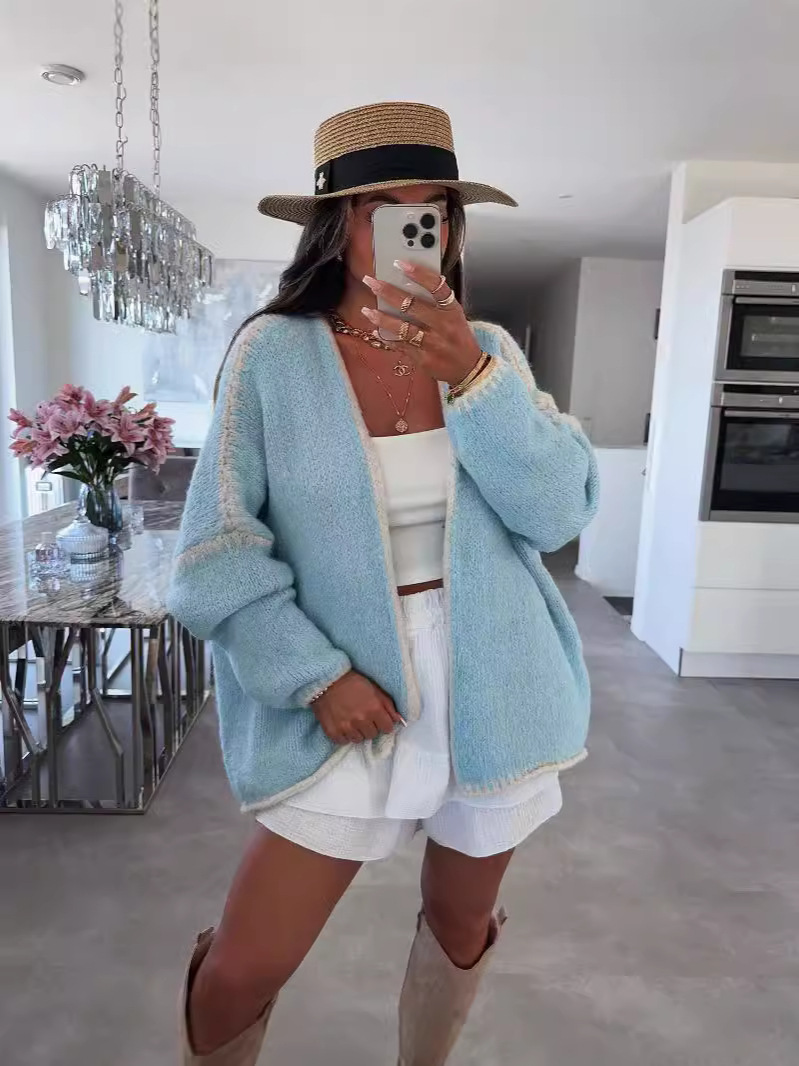 Nordic Style Thick Needle Woolen Knitted Solid Color Loose Cardigan Sweater Jacket