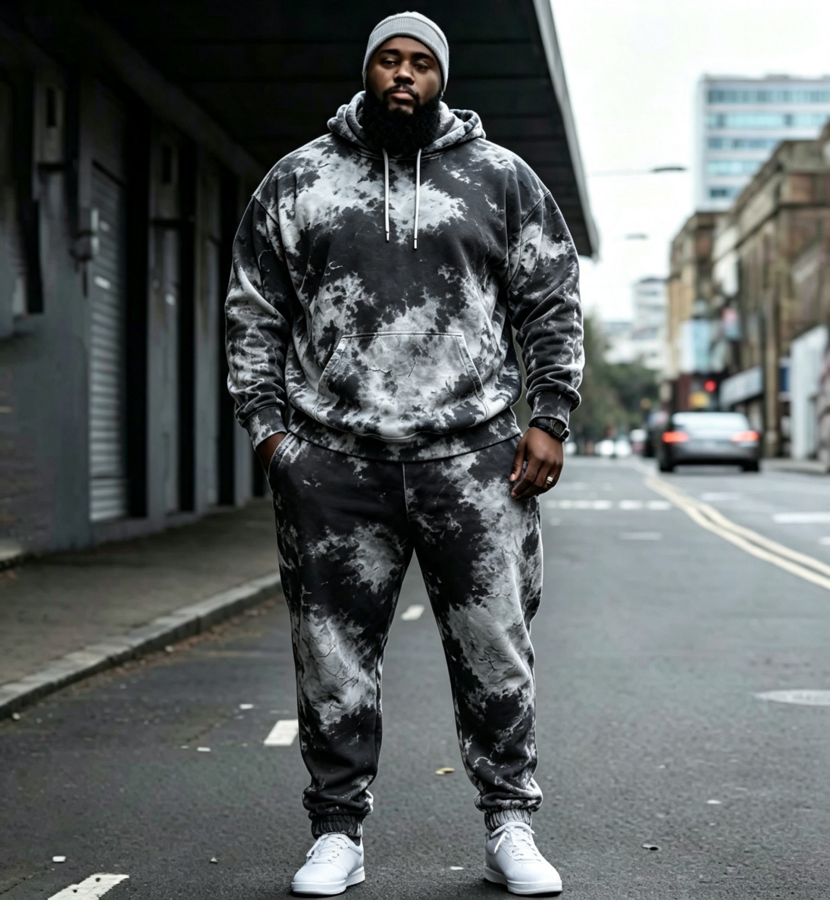 Vintage Dyed Print Casual Men's Hoodie Set