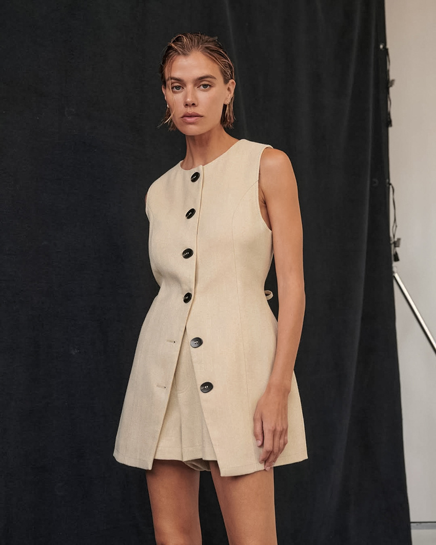 French Style Apricot Long Round Neck Vest set