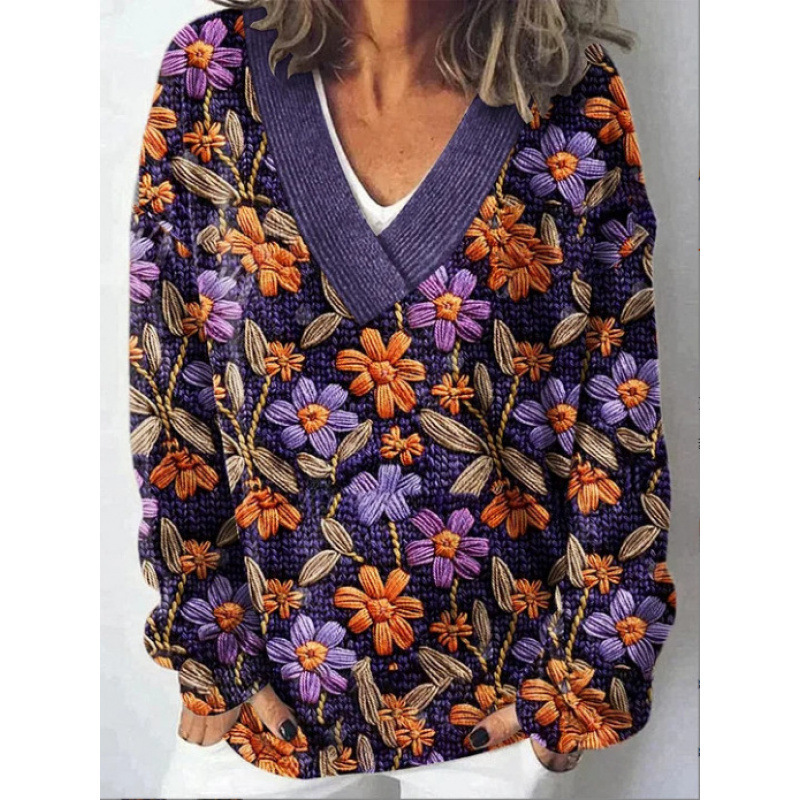 Retro Floral Print Women‘s V-neck Long sleeved Sweater