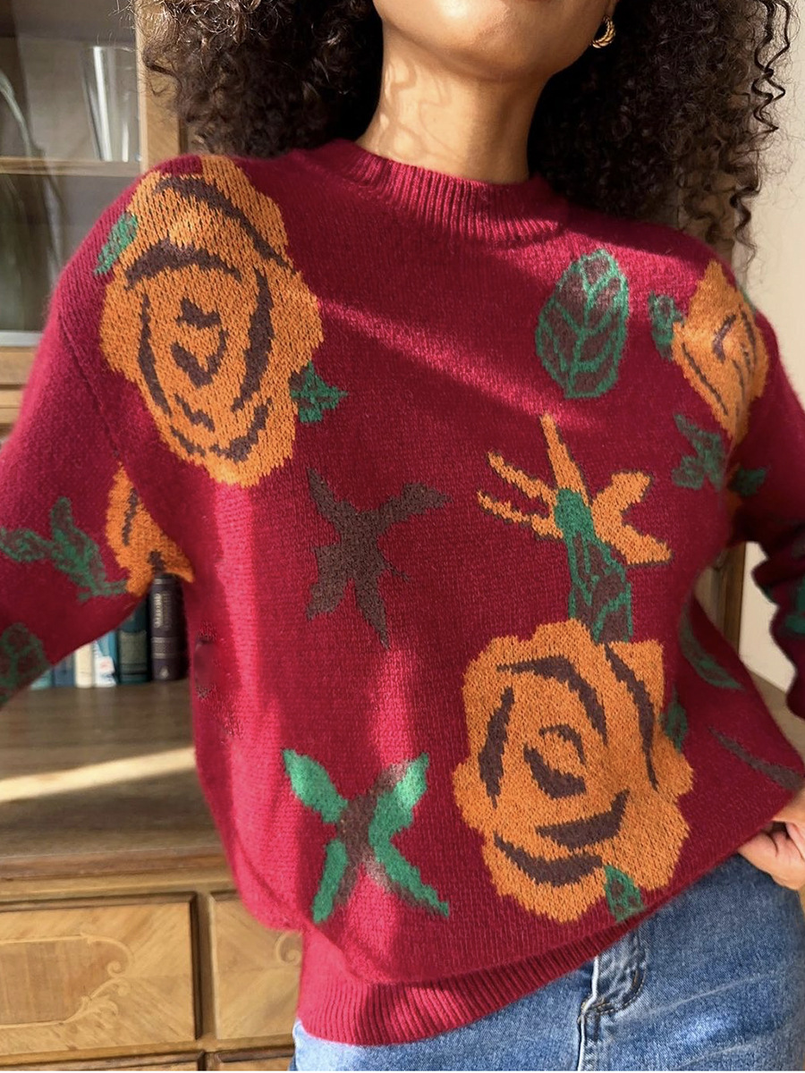 Round-neck Floral Print Knitted Loose And Soft Sweater