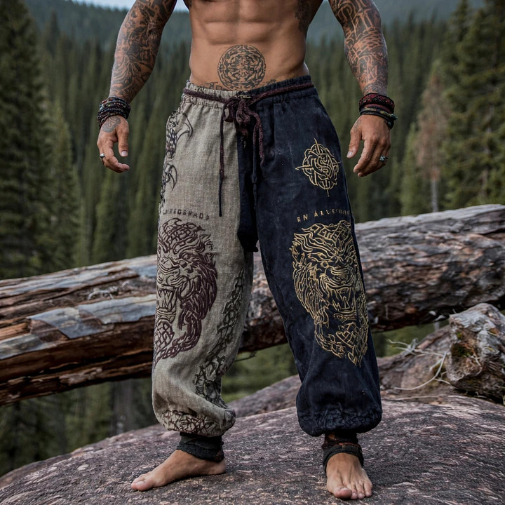 Dual Dragon Contrast Relaxed Linen Wide Leg Pants