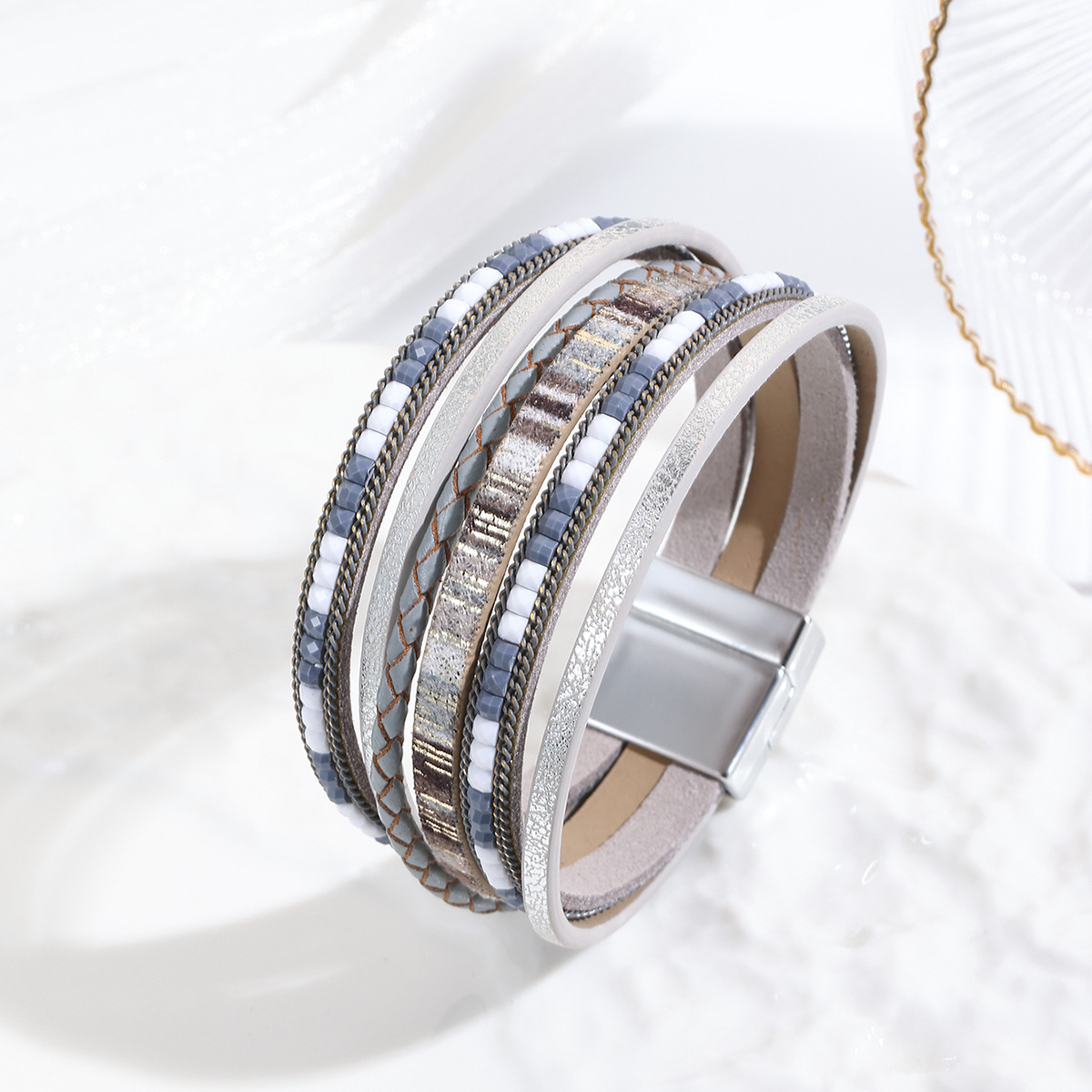 Bohemian Style Magnetic Snap Leather Layered Bracelet