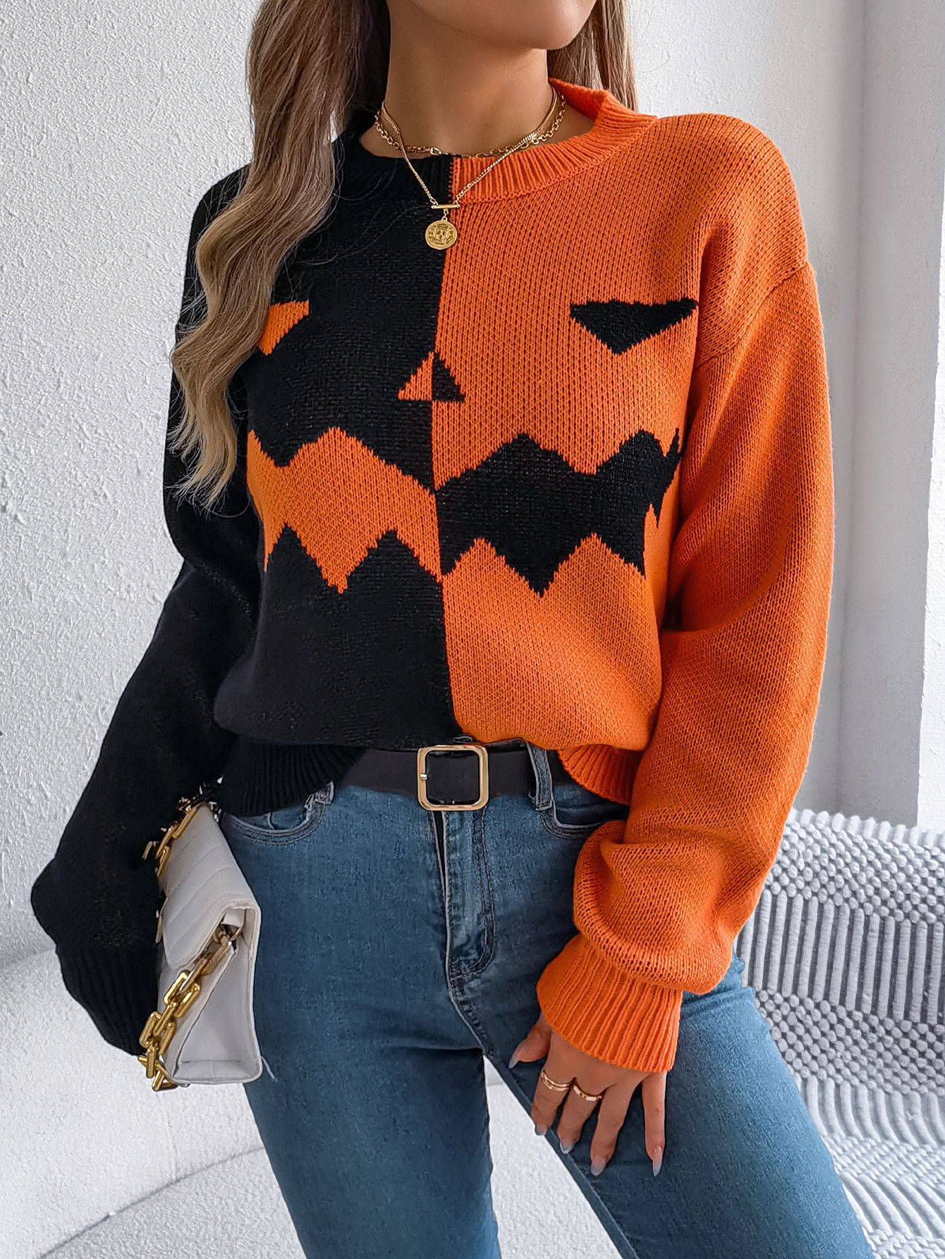Halloween Women's Ghostly Pumpkin Color Contrast Long Sleeve Pullover Sweater