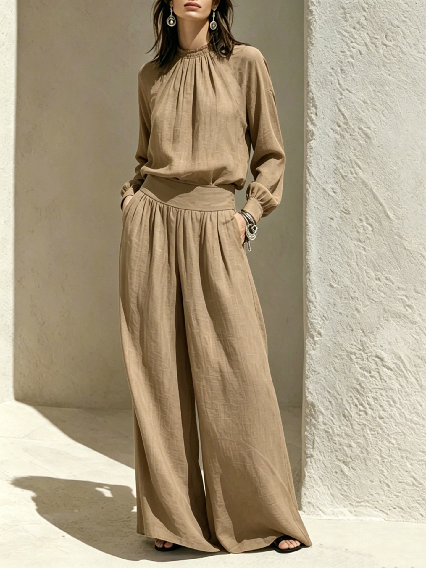 Elegant Ruffled Blouse with High Waist Wide Leg Pants