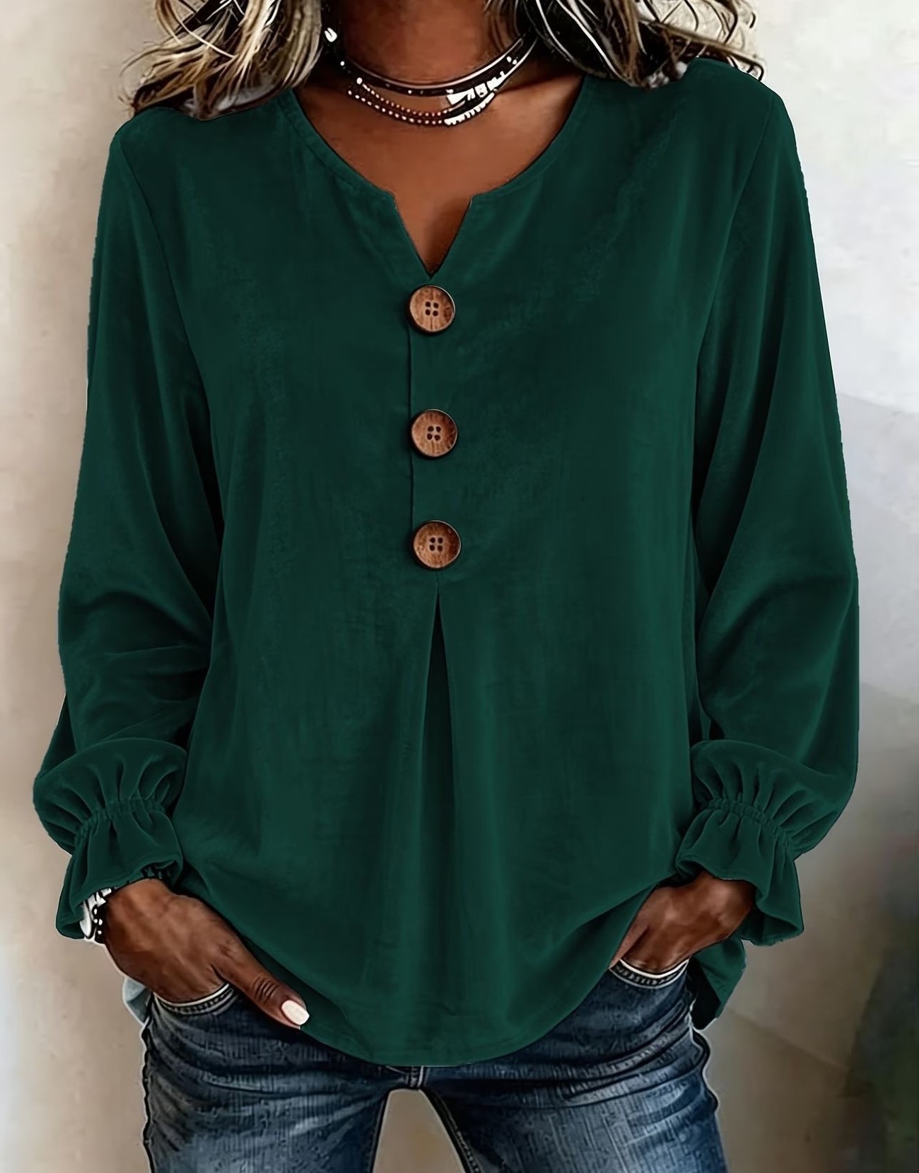 Elegant V Neck Velvet Long Sleeve Top