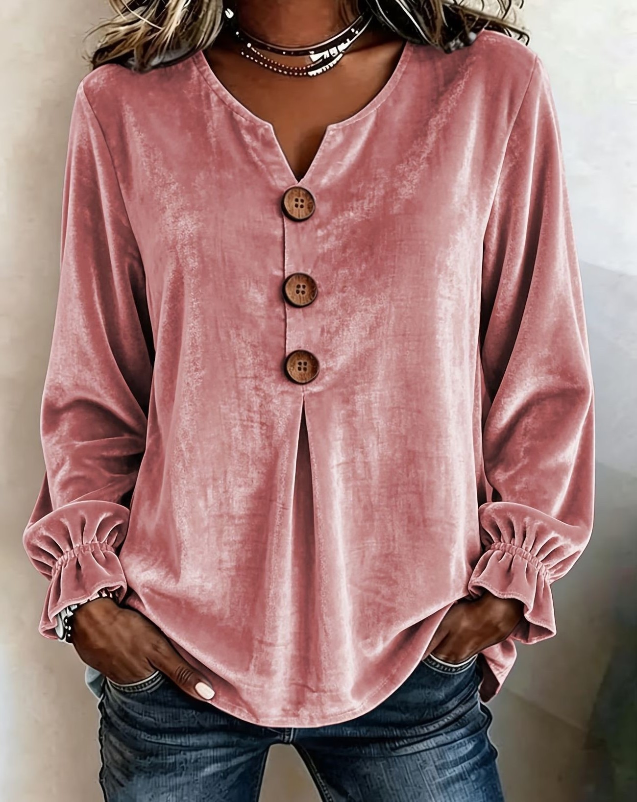 Elegant V Neck Velvet Long Sleeve Top
