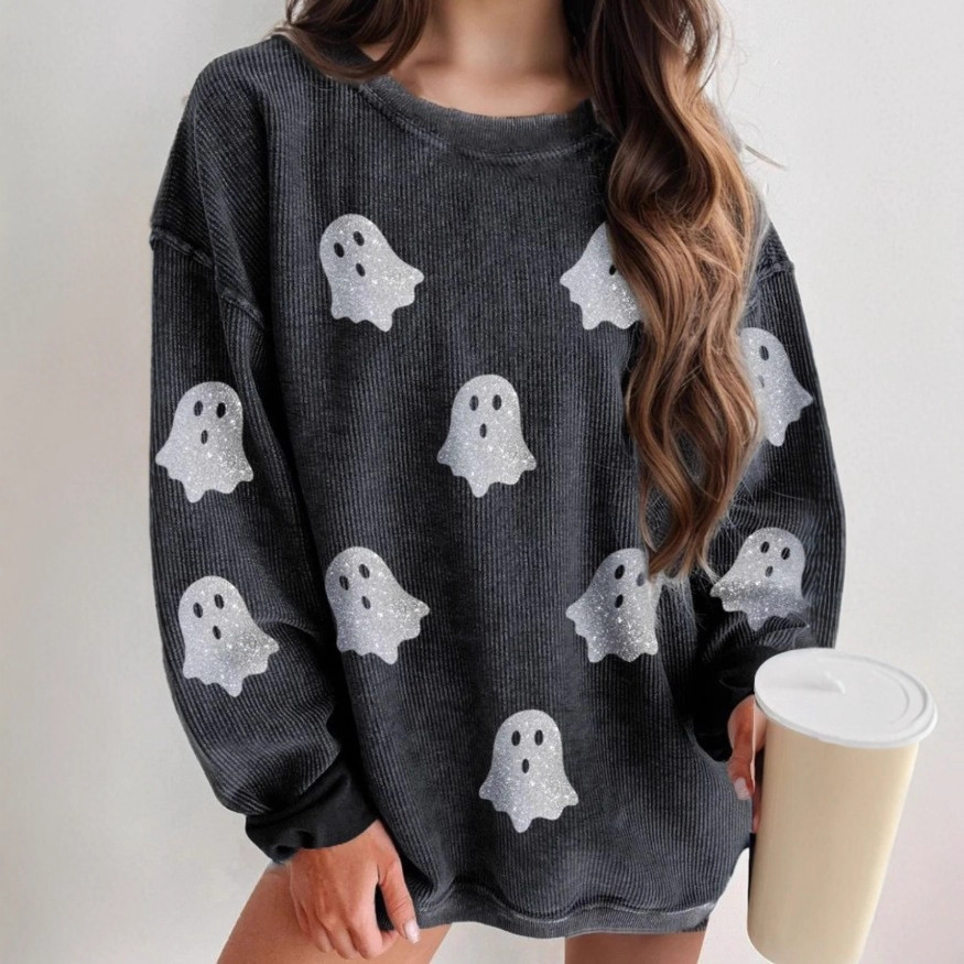 Halloween Women's Howling Ghost Print Crewneck Long-Sleeved Corduroy Sweatshirt