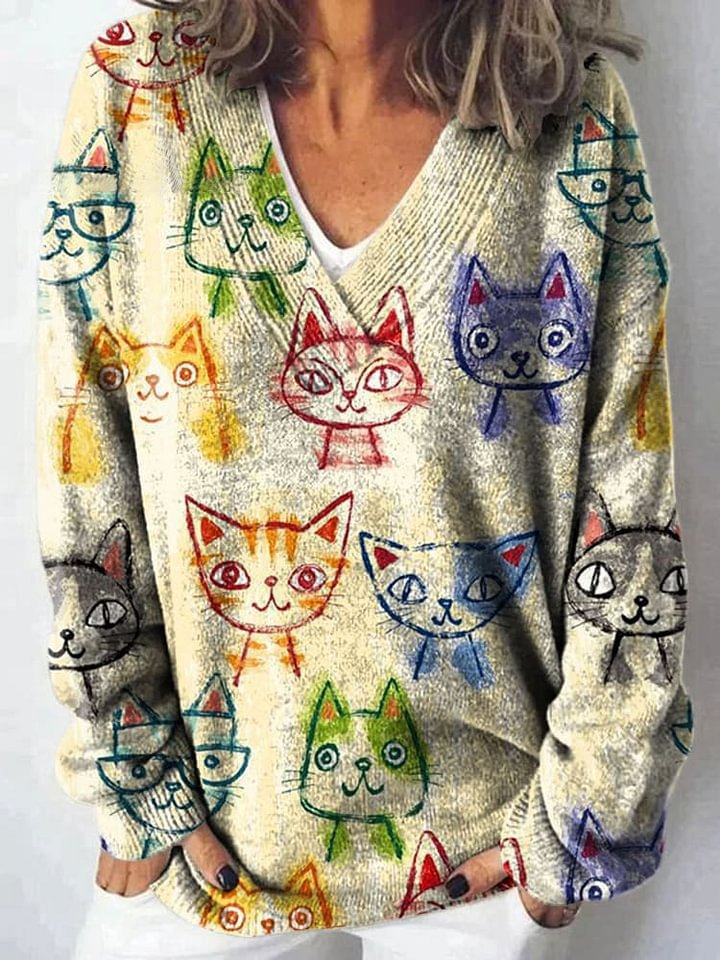 Fashionable Cute Cat Print Women‘s V-neck Long sleeved Sweater