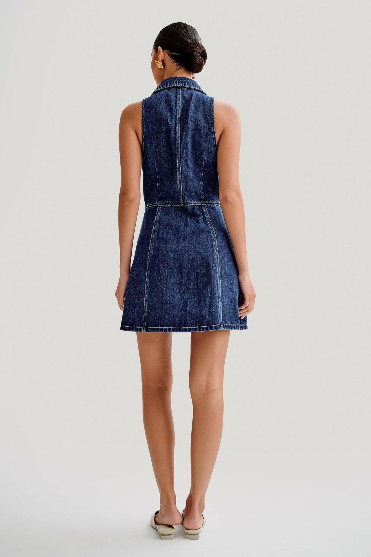 French-Style Neck-belt Denim Dress